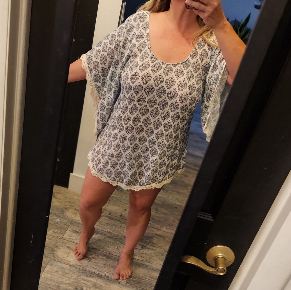 Eberjey Kaftan Tunic Cover Up Damask Print Bohoemian Mini Beach Dress S M - Picture 5 of 13